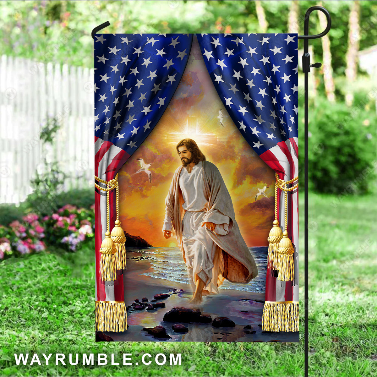 Walking with Jesus, Infinite halo, US flag drawing, Seagull - Jesus Flag