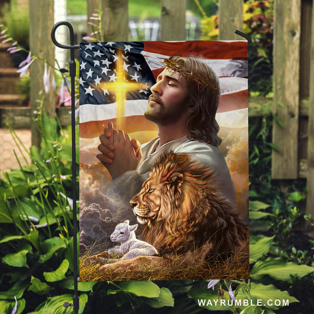 Pray with Jesus, Brown lion, Amazing US flag, Yellow cross - Jesus Flag