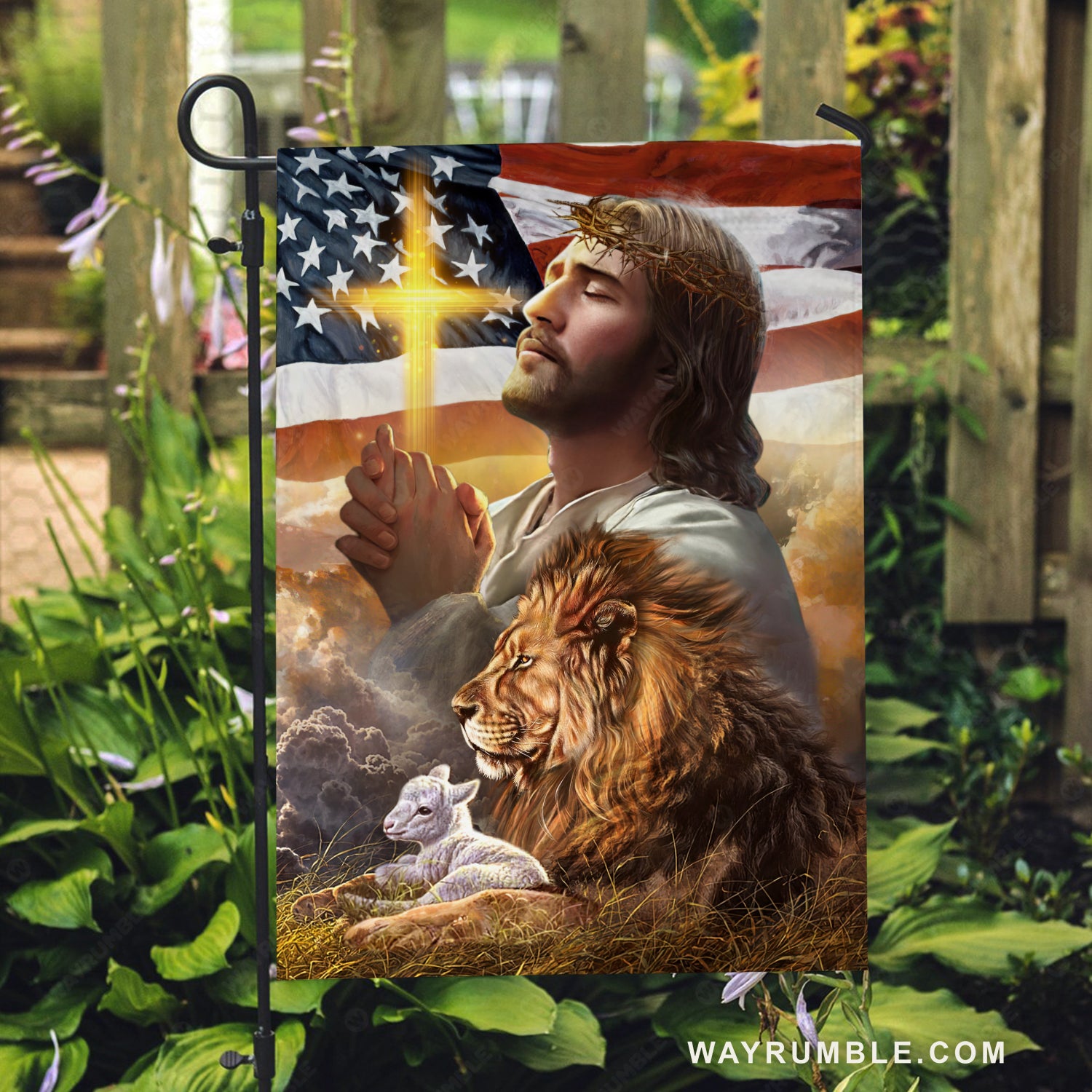 Pray with Jesus, Brown lion, Amazing US flag, Yellow cross - Jesus Flag