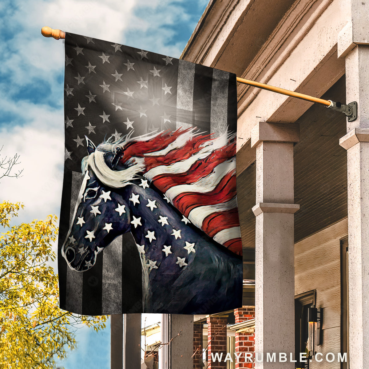 Amazing horse, US pattern, US flag, Black background - Jesus Flag