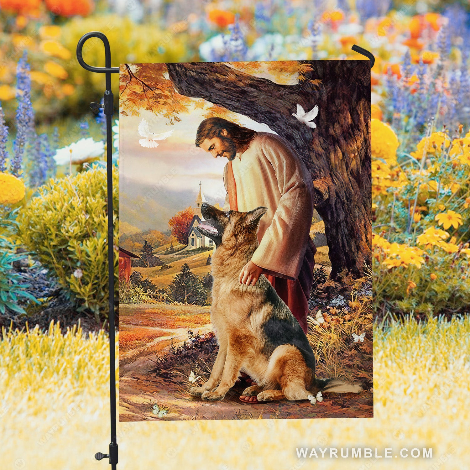 Cute German Shepherd, Autumn forest, White dove, Walking with Jesus - Jesus Flag