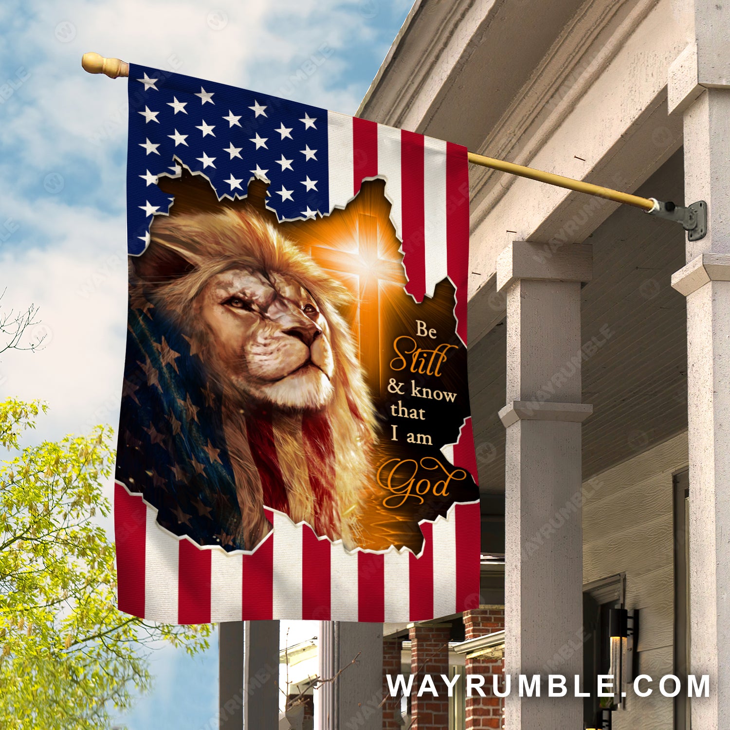 Brown lion, Lion of Judah, Orange cross, Us flag, Be still and know that I am God - Jesus Flag