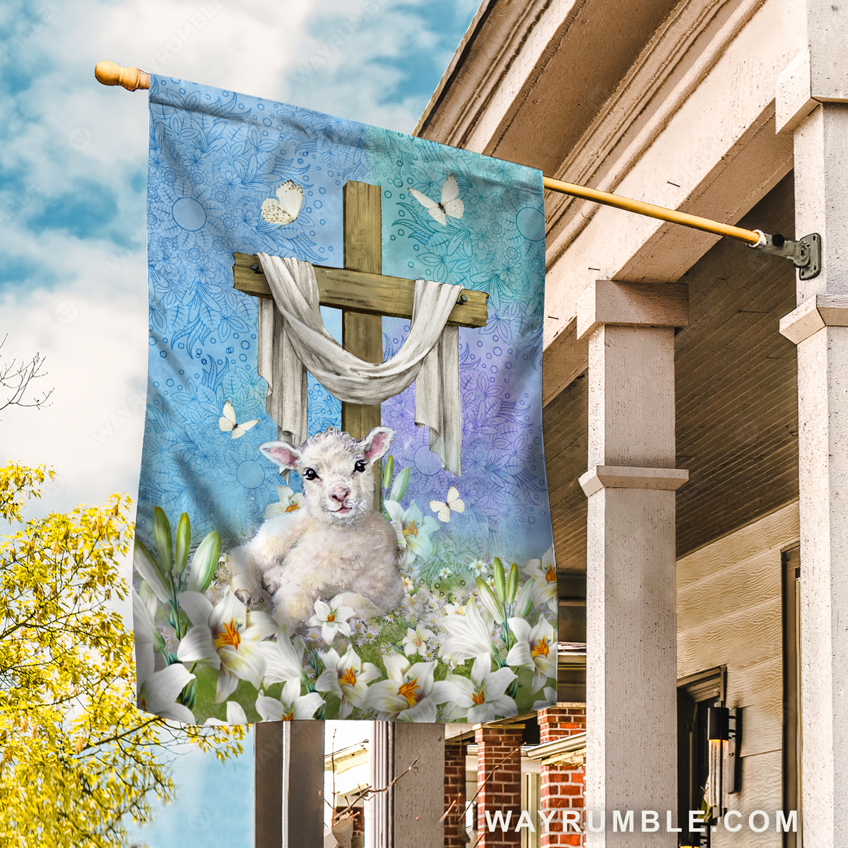 Cute lamb drawing, Lily flower garden, Cross symbol, Butterfly - Jesus Flag