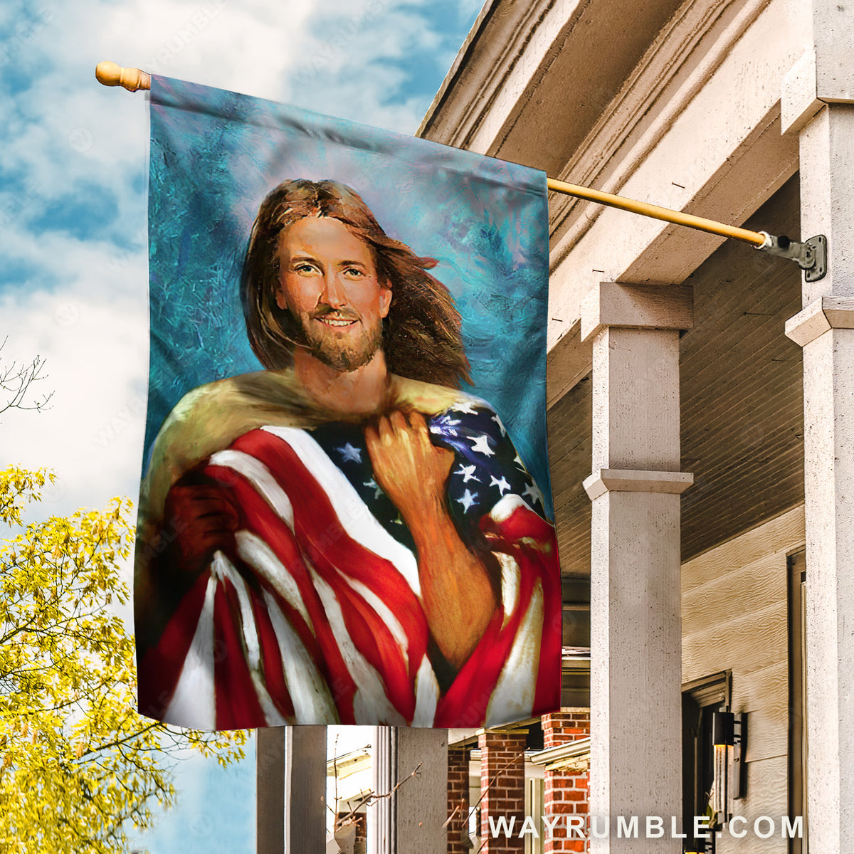 Beautiful Jesus drawing, Watercolor US flag, Blue background - Jesus Flag