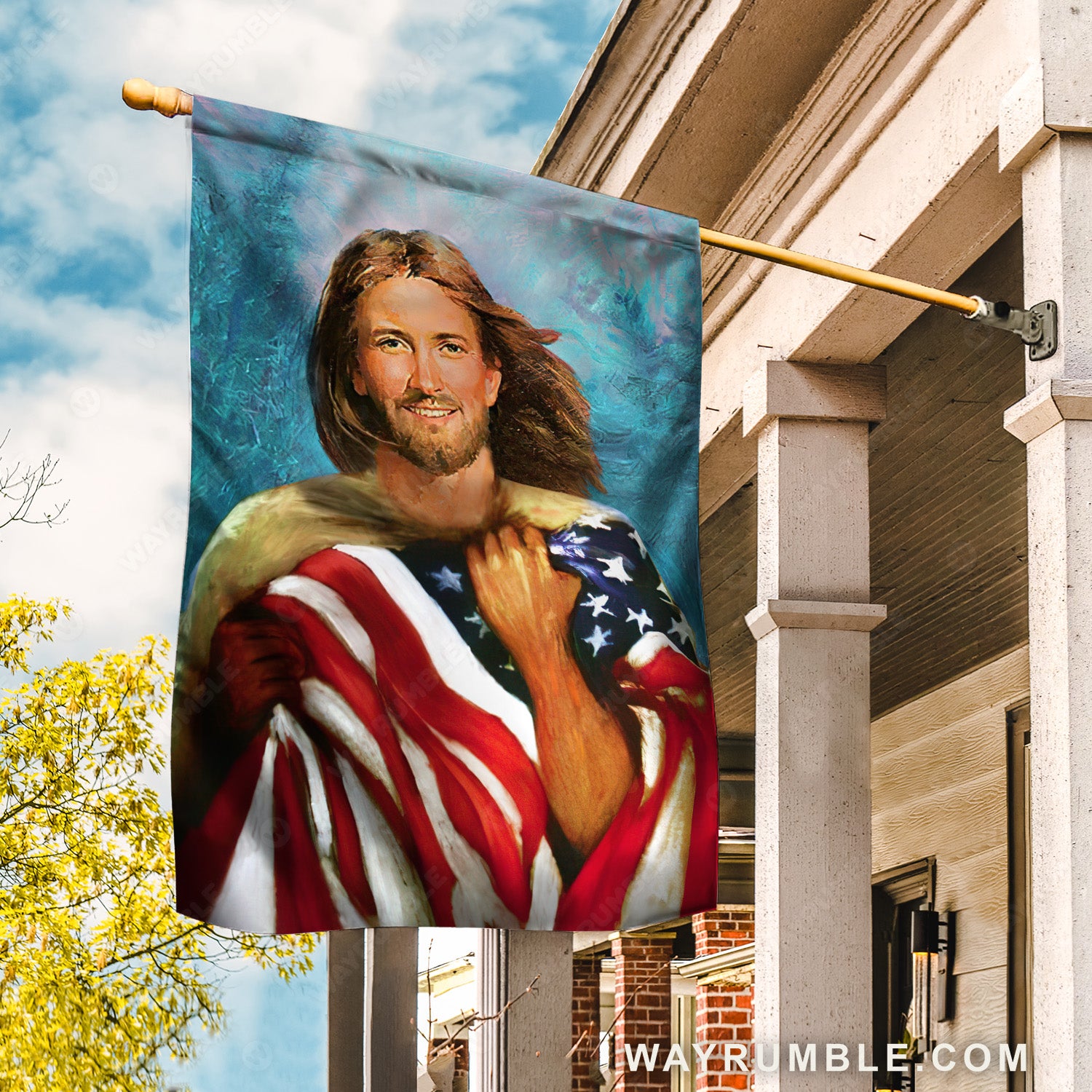 Beautiful Jesus drawing, Watercolor US flag, Blue background - Jesus Flag