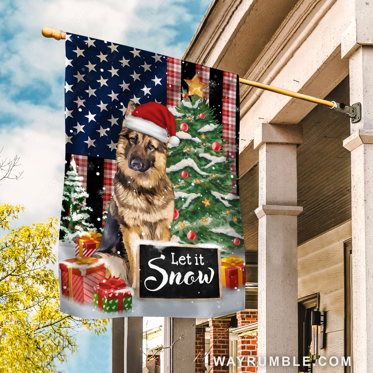 Christmas painting, Lovely German Shepherd, Little Christmas tree, Let it snow - Jesus Flag