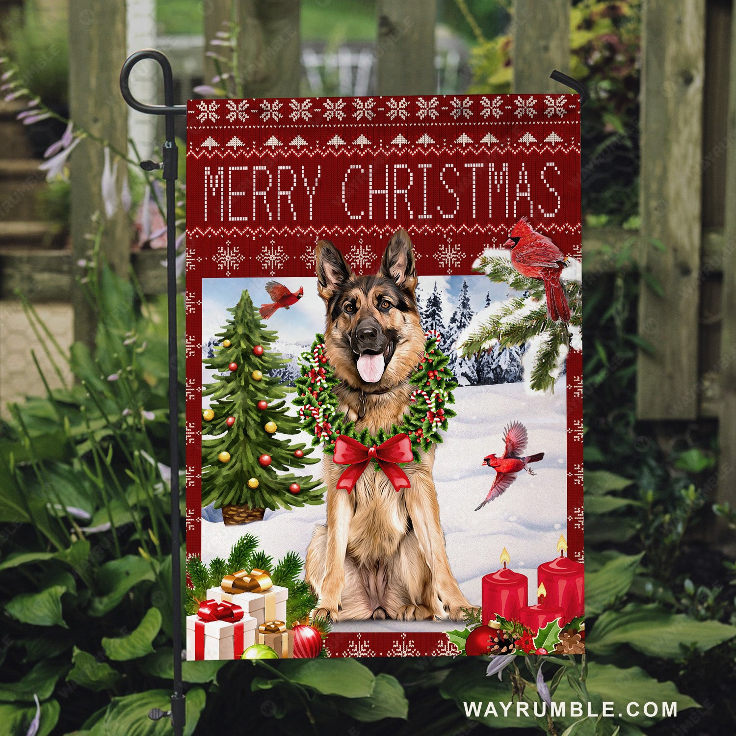 Christmas is coming, German Shepherd dog, Christmas wreath, Merry Christmas - Jesus Flag