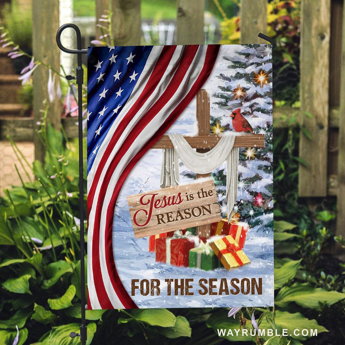 Christmas is coming, Winter forest, Wooden cross, Jesus is the reason for the season - Jesus Flag