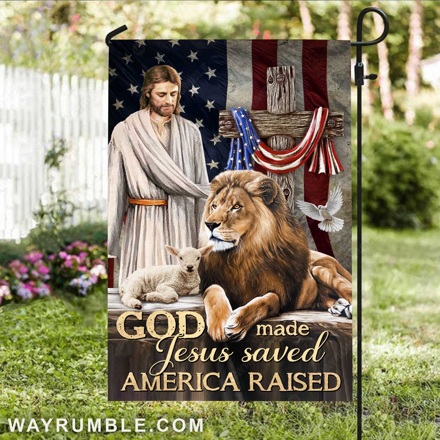 Animal of God, Big lion, Cute lamb, Cross symbol, God made Jesus saved America raised - Jesus Flag