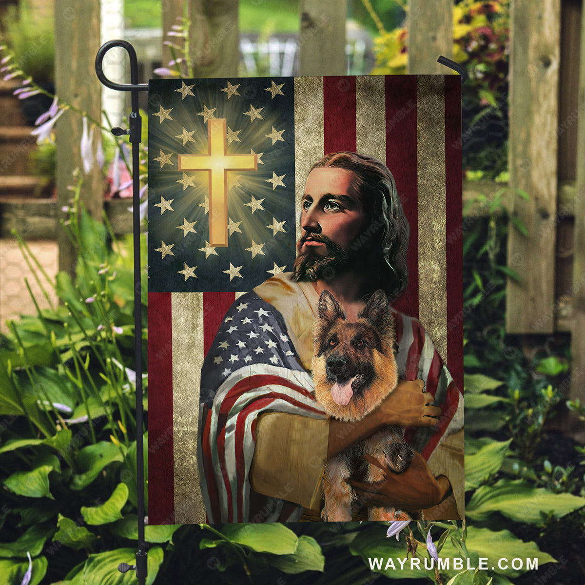 The real face of Jesus, German shepherd dog, Cross symbol, US flag - Jesus Flag
