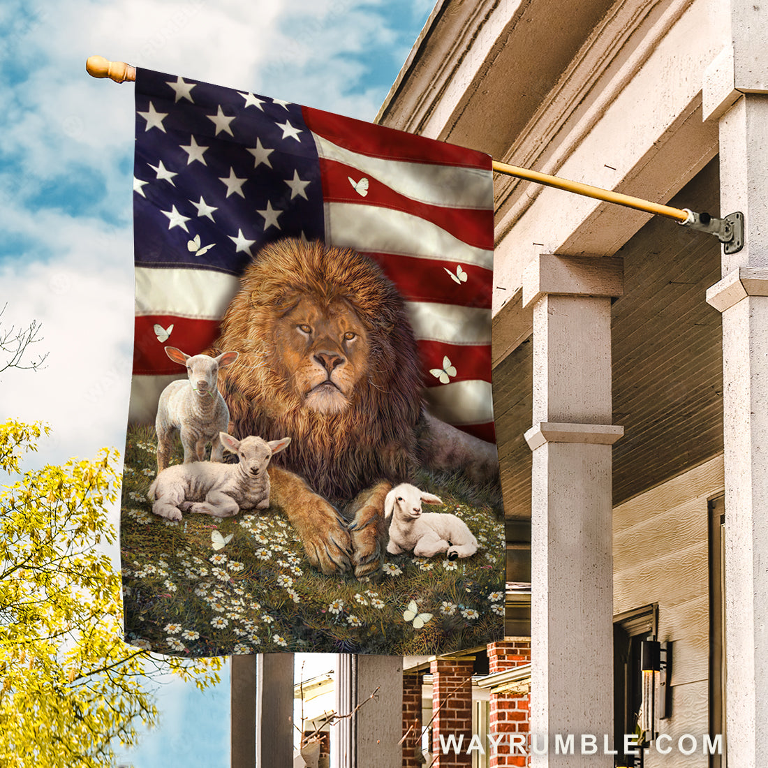 Big lion drawing, Little lamb artwork, Beautiful US flag, Daisy garden - Jesus Flag
