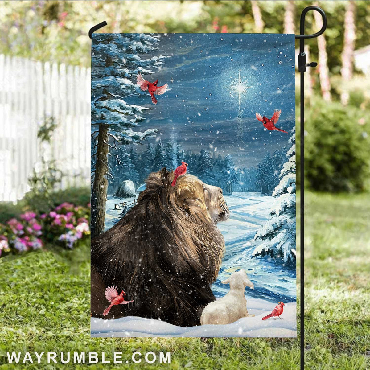 Blue forest, Beautiful lion, Lovely cardinal, Christmas is coming - Jesus Flag