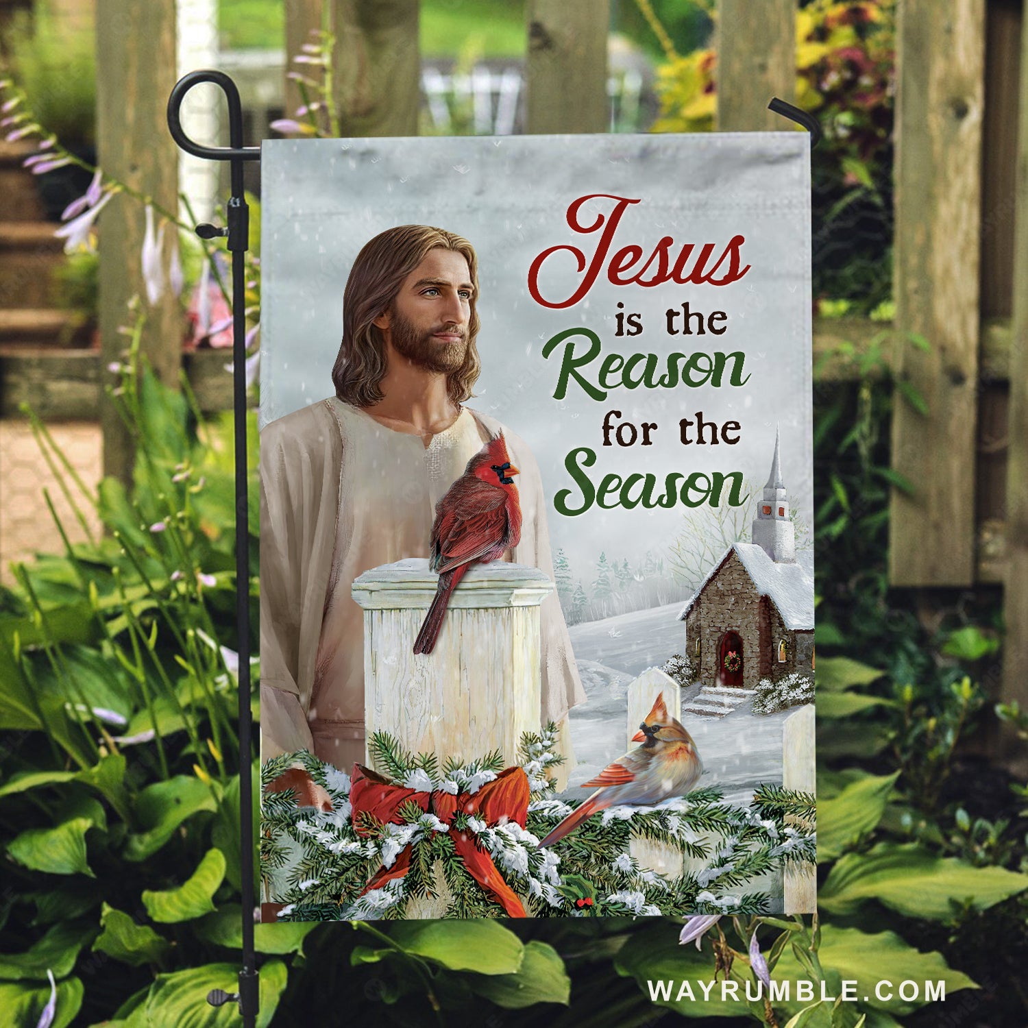 Beautiful winter painting, Red cardinal, Jesus is the reason for the season - Jesus Flag