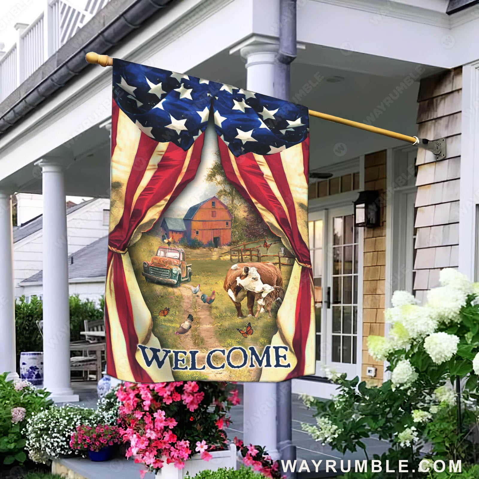 Farm painting, Dairy cow, Green meadow land, US flag, Welcome - Jesus Flag