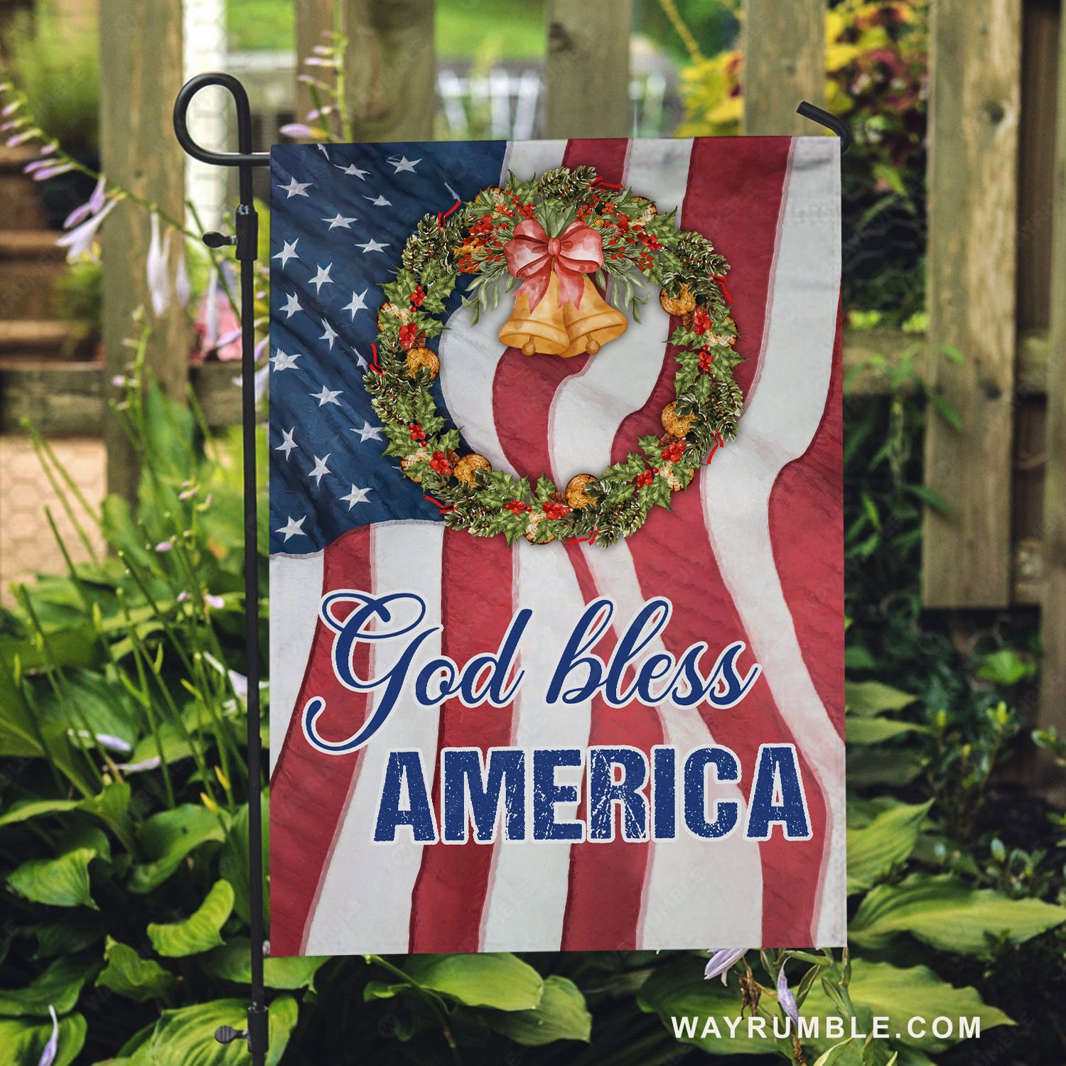 Pretty Christmas wreath, Christmas bell, US flag, God bless America - Jesus Flag