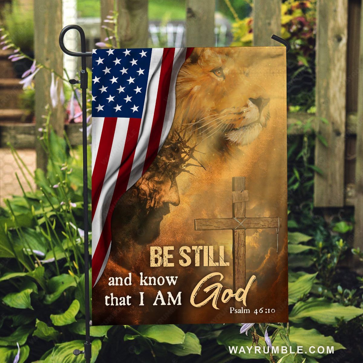 Stunning decor, Lion of Judah, Face of Jesus, US flag, Be still and know that I am God - Jesus Flag