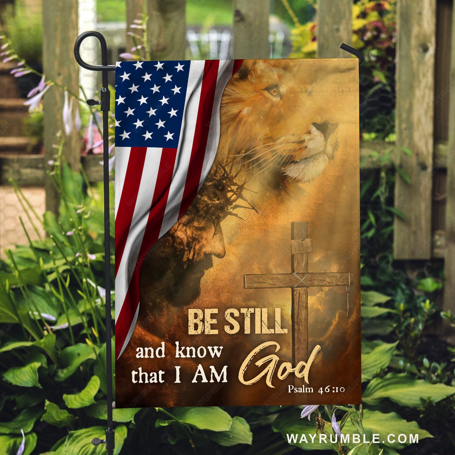 Stunning decor, Lion of Judah, Face of Jesus, US flag, Be still and know that I am God - Jesus Flag