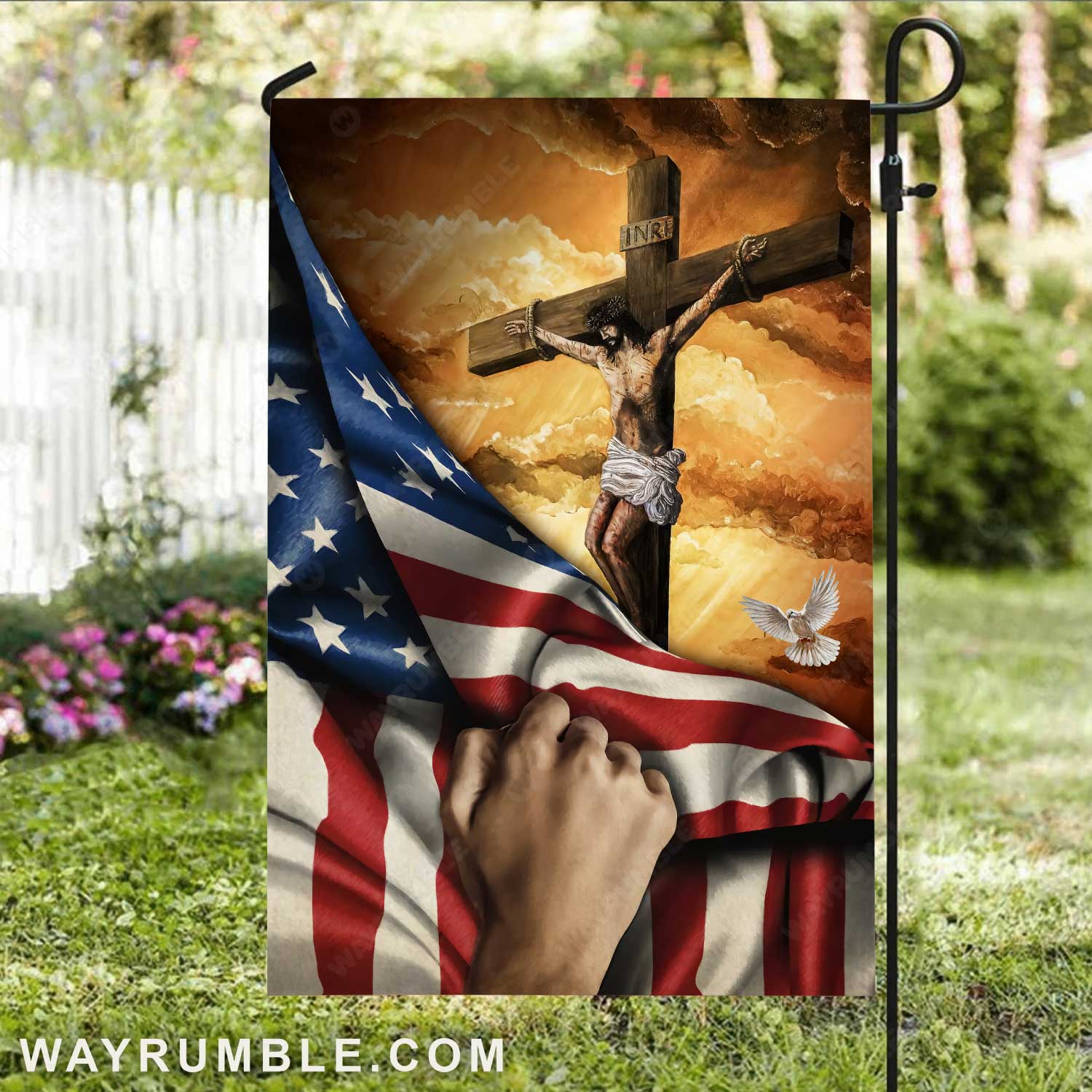 Stunning sunset, Jesus on the cross, Beautiful US flag, Dove symbol - Jesus Flag