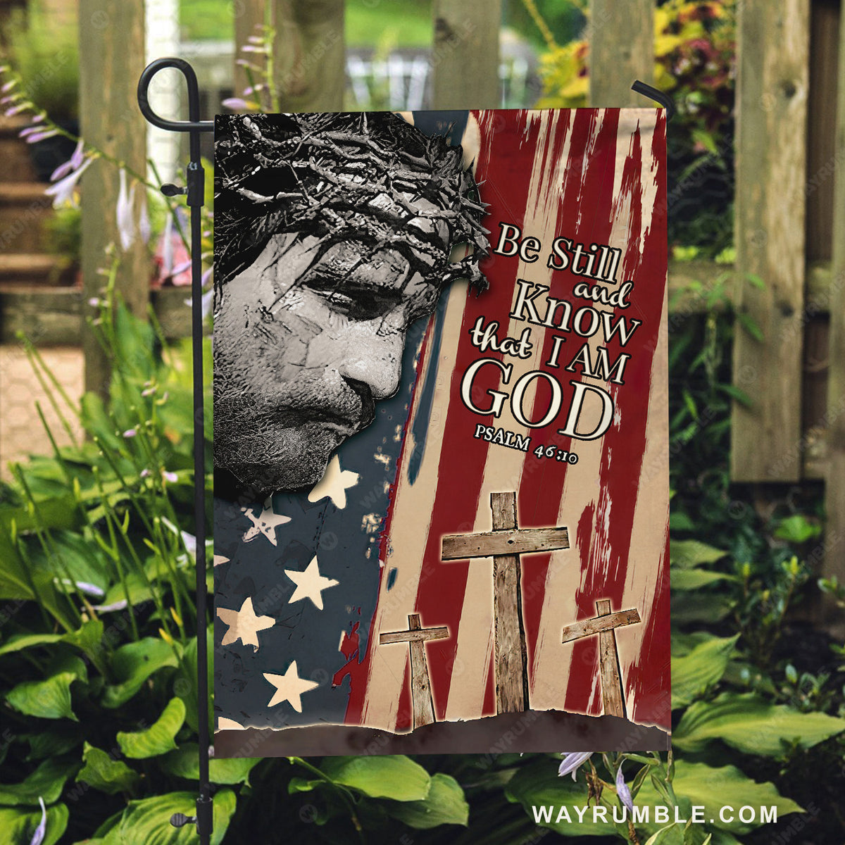 The face of Jesus, US flag, Cross symbol, Be still and know that I am God - Jesus Flag