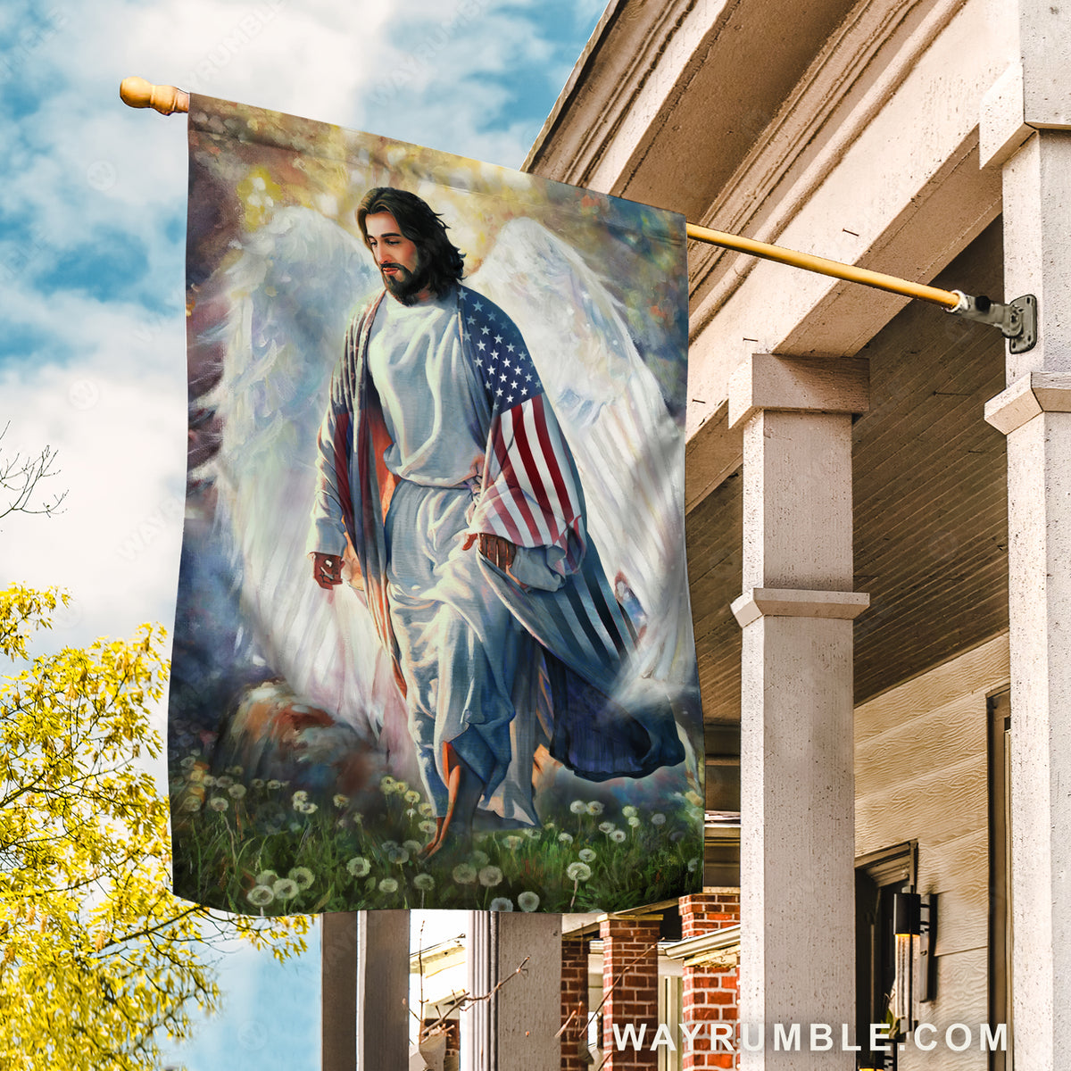 Walking with Jesus, Angel wings, Dandelion field, US flag - Jesus Flag