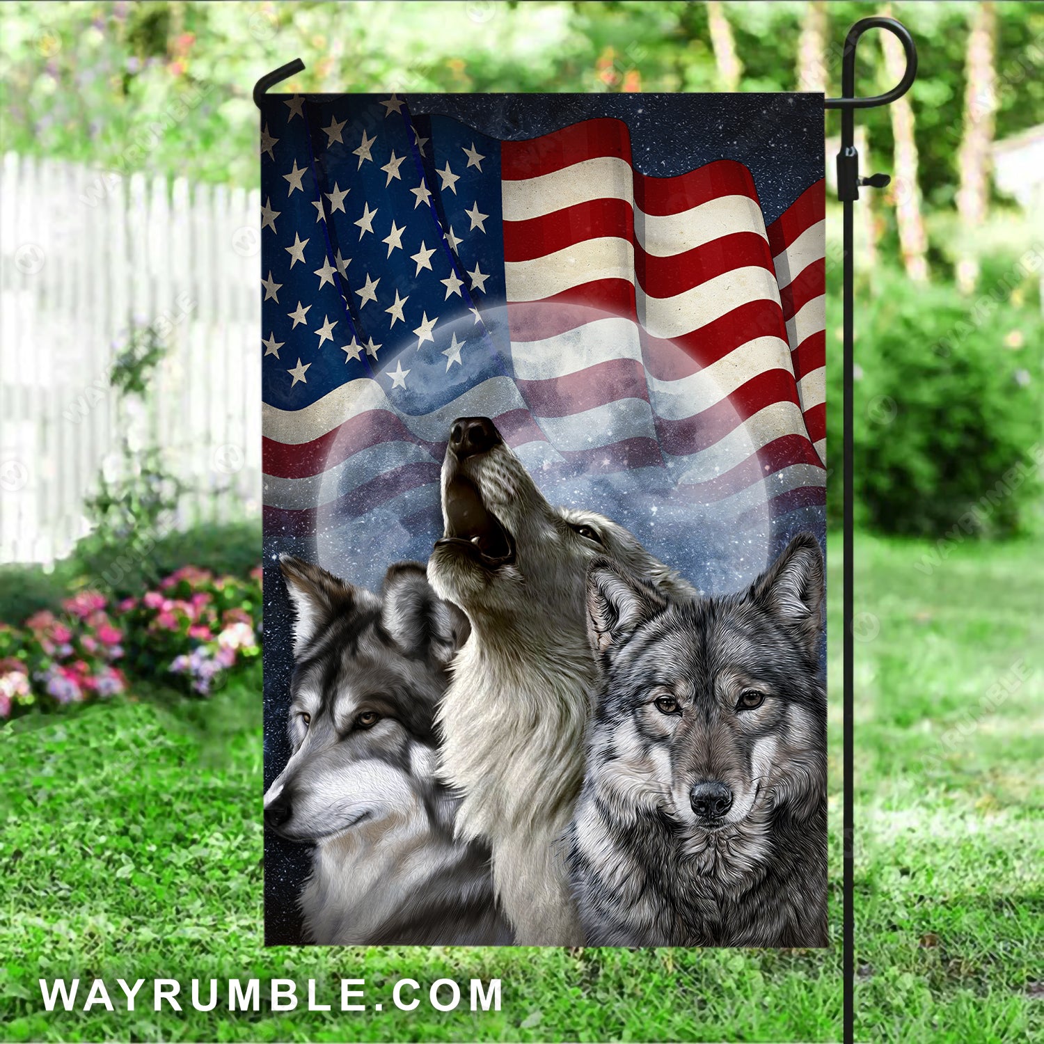 Watercolor wolf, Animal drawing, US flag, Full moon painting - Jesus Flag