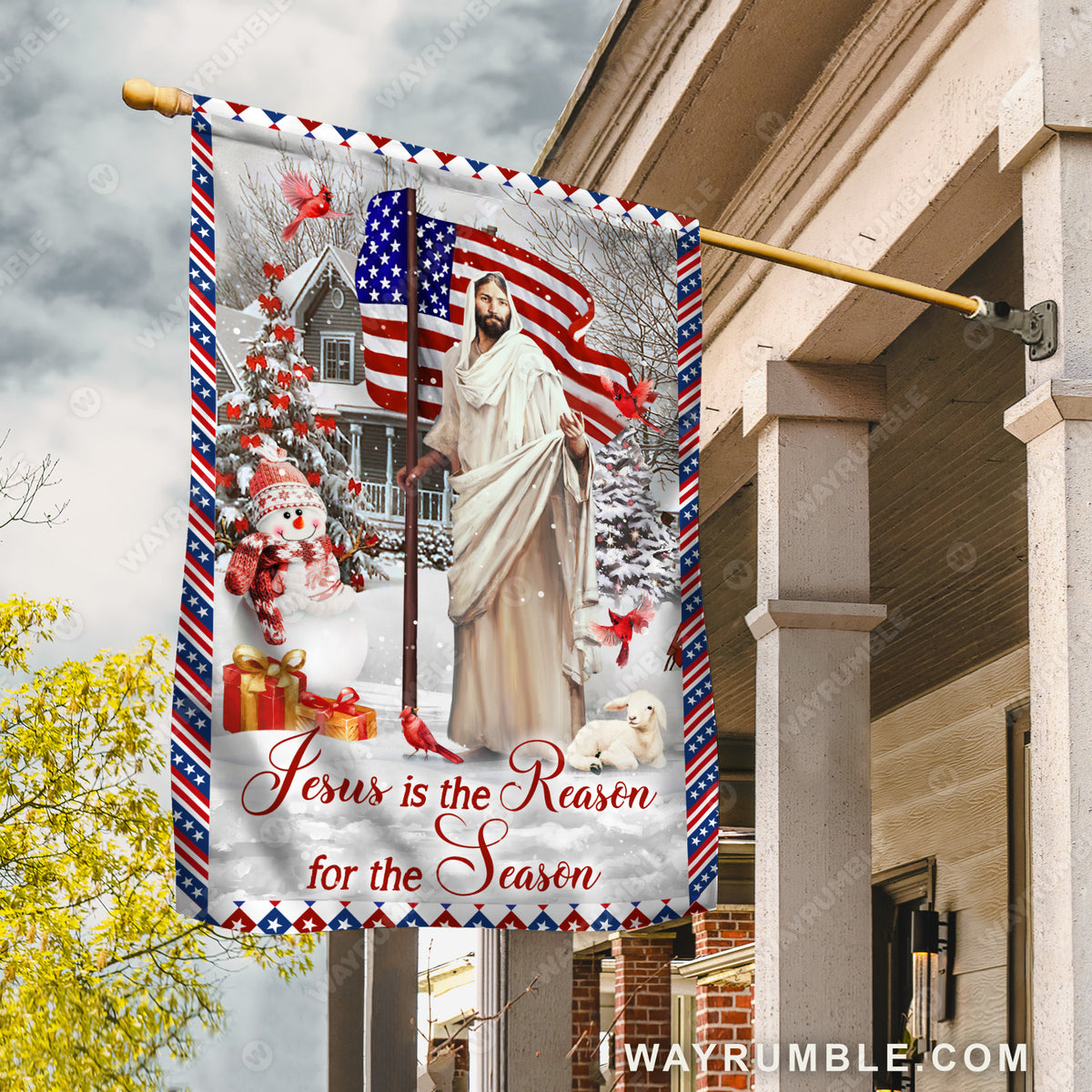 Happy Christmas, Snowman, Amazing US flag, Jesus is the reason for the season - Jesus Flag