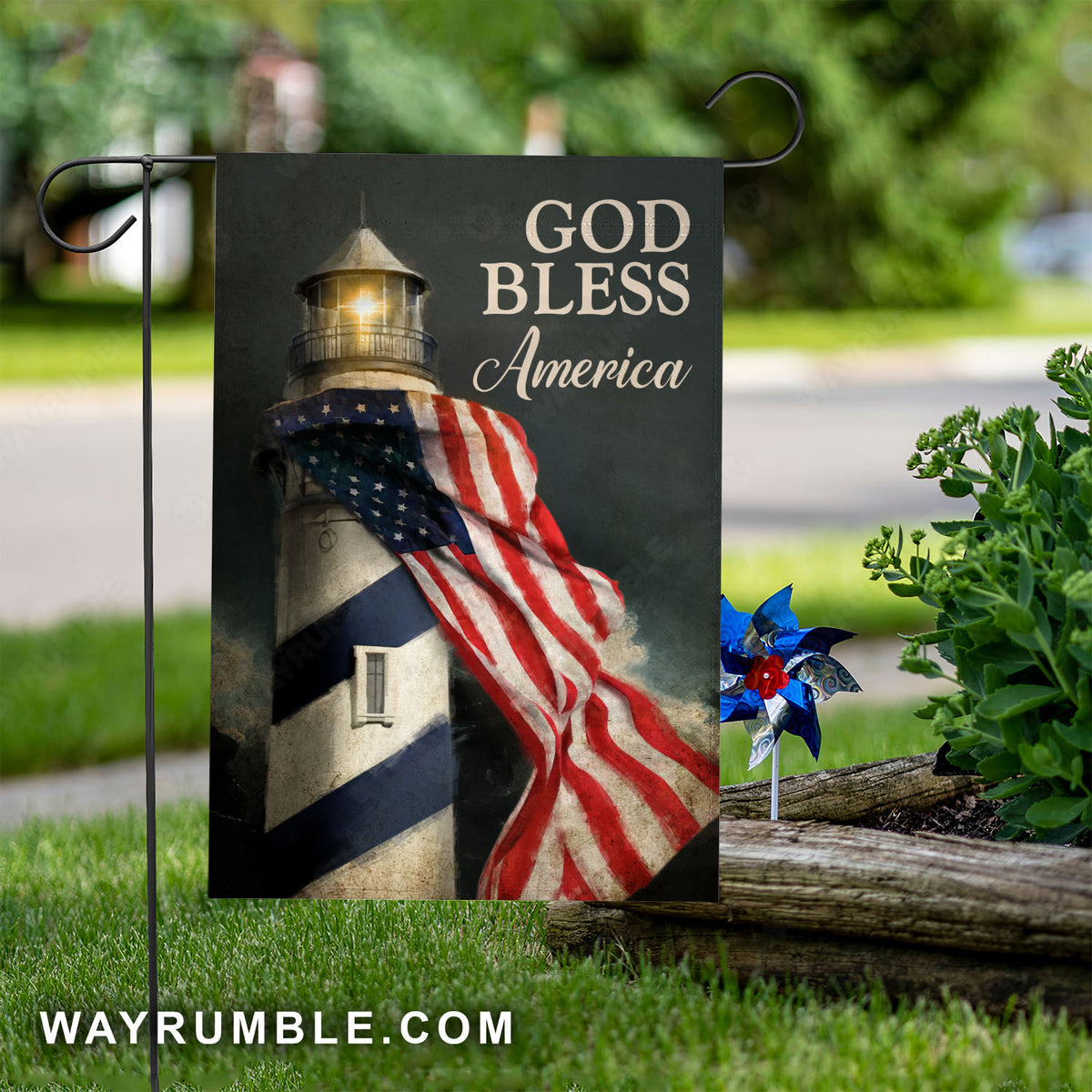 Gorgeous lighthouse, Black background, God bless America- Jesus Flag