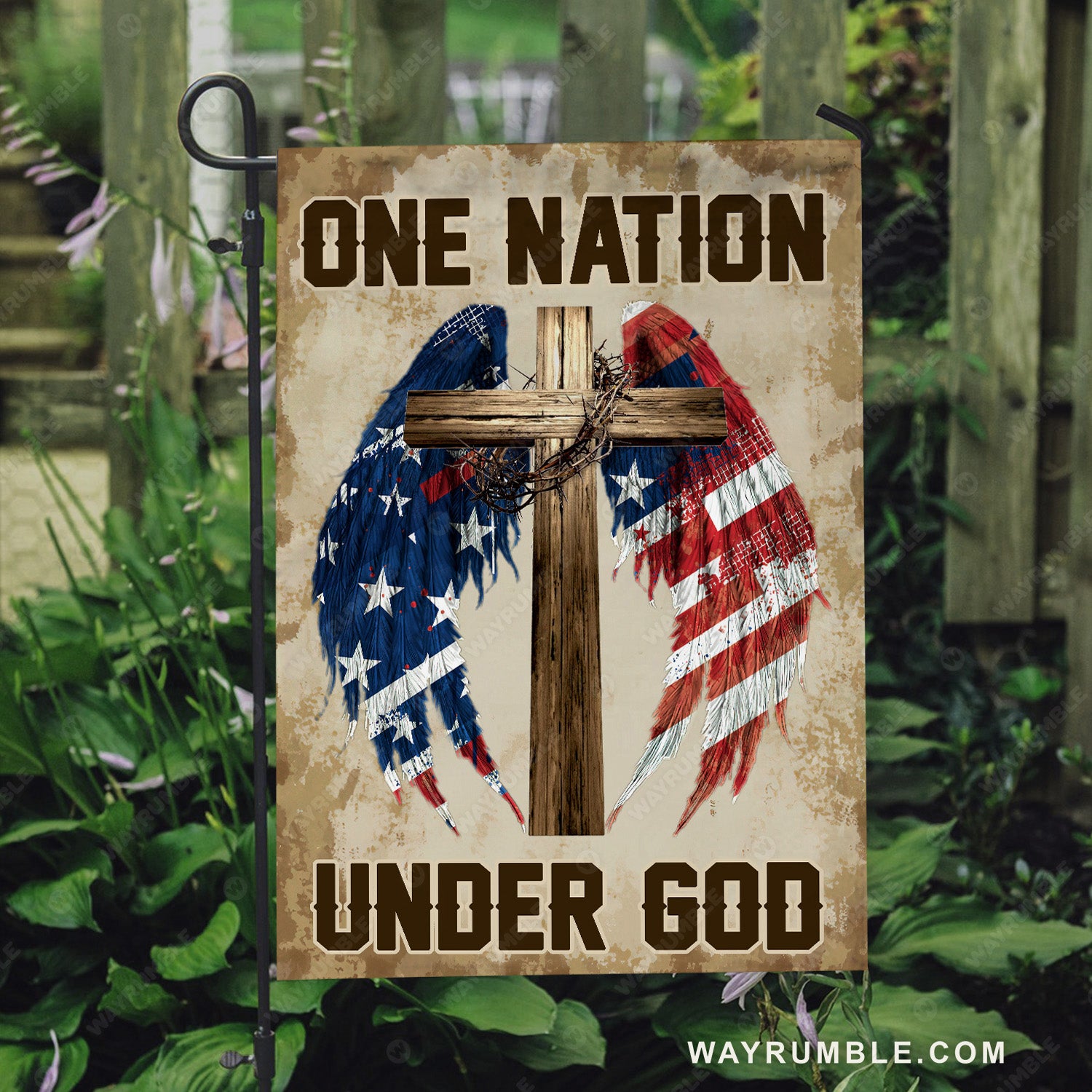 Colorful angel wings, Wooden cross, Crown of thorn, US flag, One nation under God - Jesus Flag