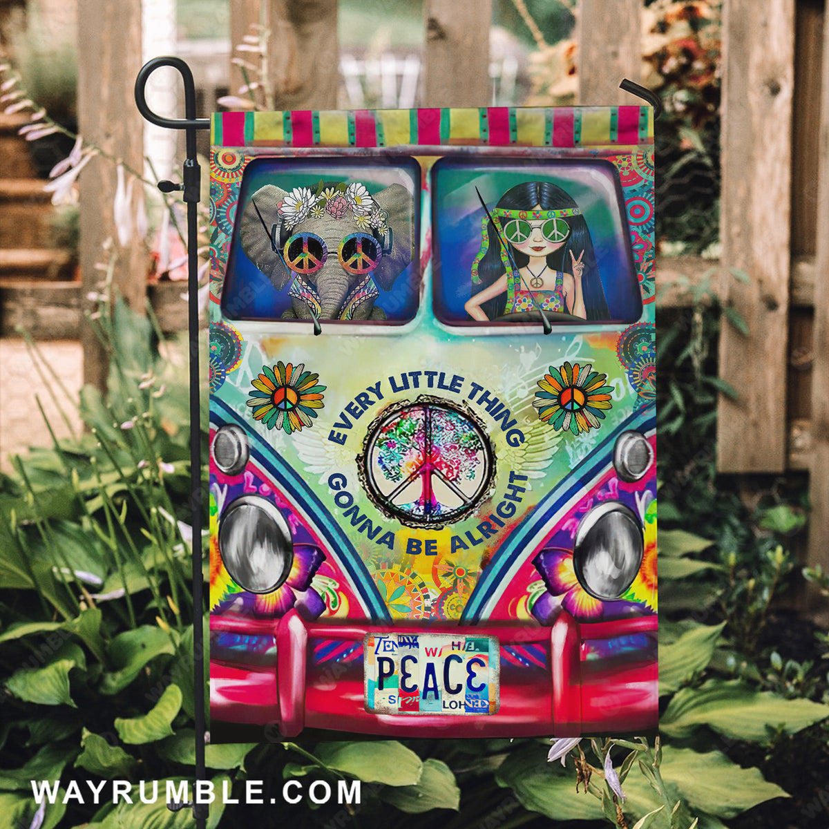 Colorful car, Hippie girl, Cute elephant, Every little thing gonna be alright - Jesus Flag