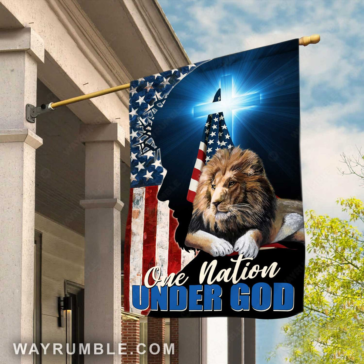 Blue cross, Watercolor lion, US flag symbol, One nation under God - Jesus Flag