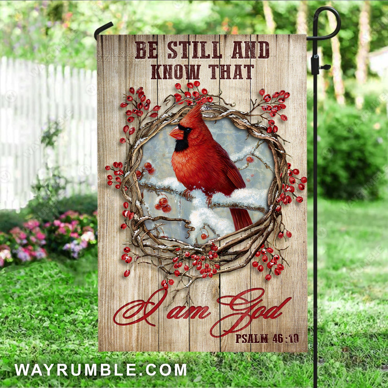 Red cardinal drawing, Cranberry wreath, Winter forest, Be still and know that I am God - Jesus Flag