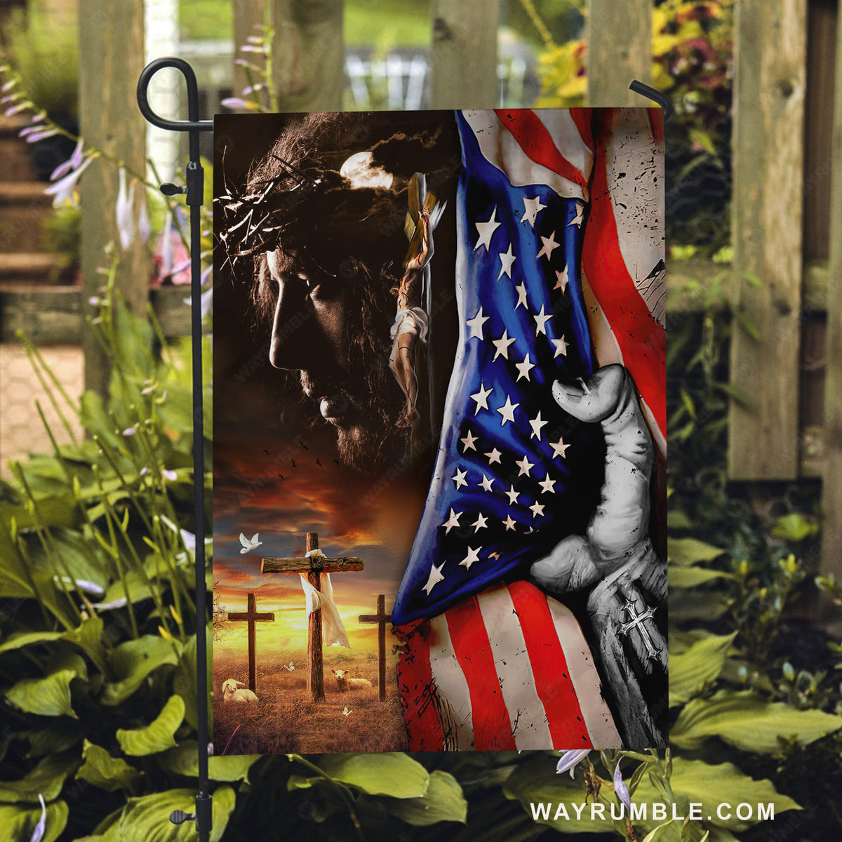 Pretty sunset, US flag, The real face of Jesus, Jesus on the cross - Jesus Flag