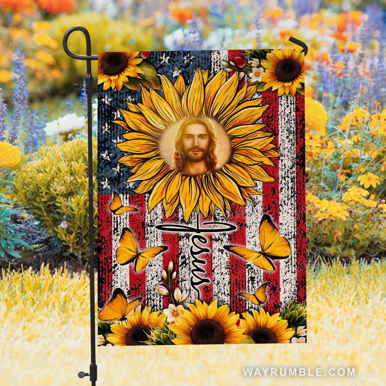 Jesus face, Sunflower garden, US flag background, Jesus - Jesus Flag