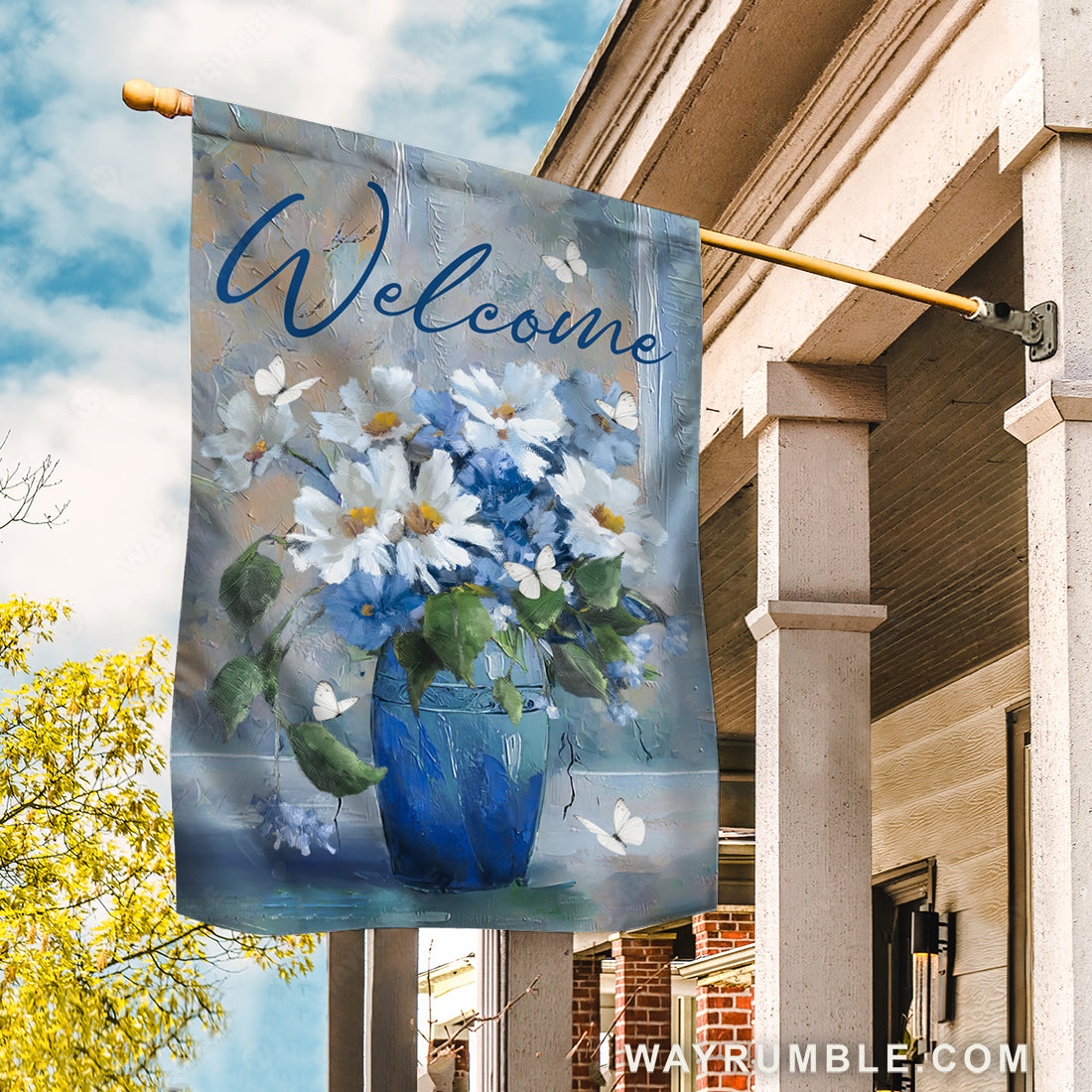 Watercolor daisy, Flower vase, White butterfly, Welcome - Jesus Flag