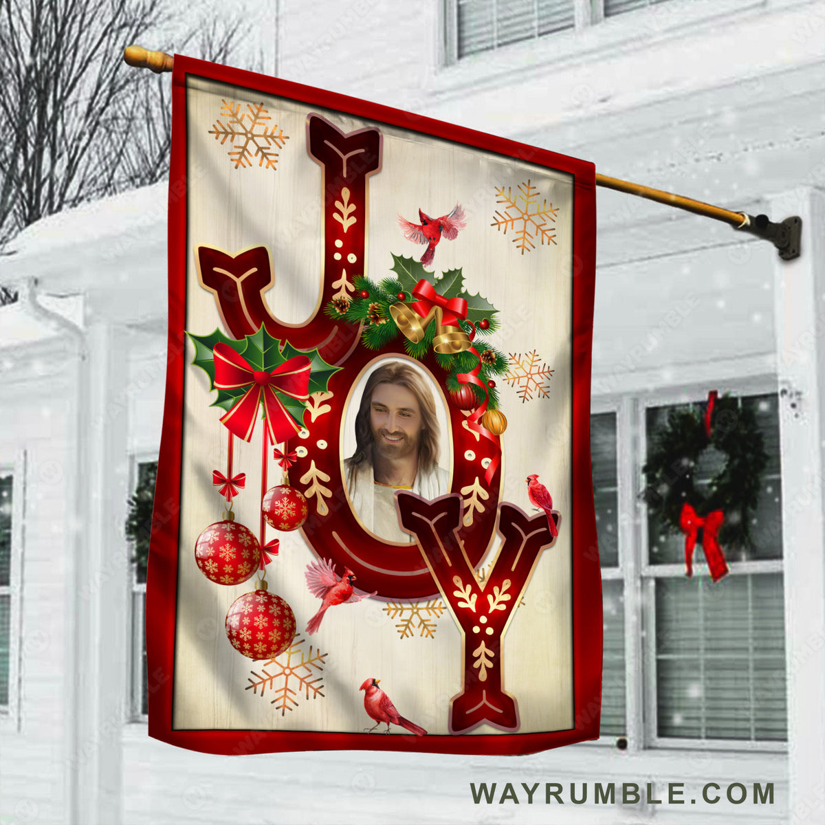 Christmas decor, Happy Christmas, Red cardinal, Joy - Jesus Flag