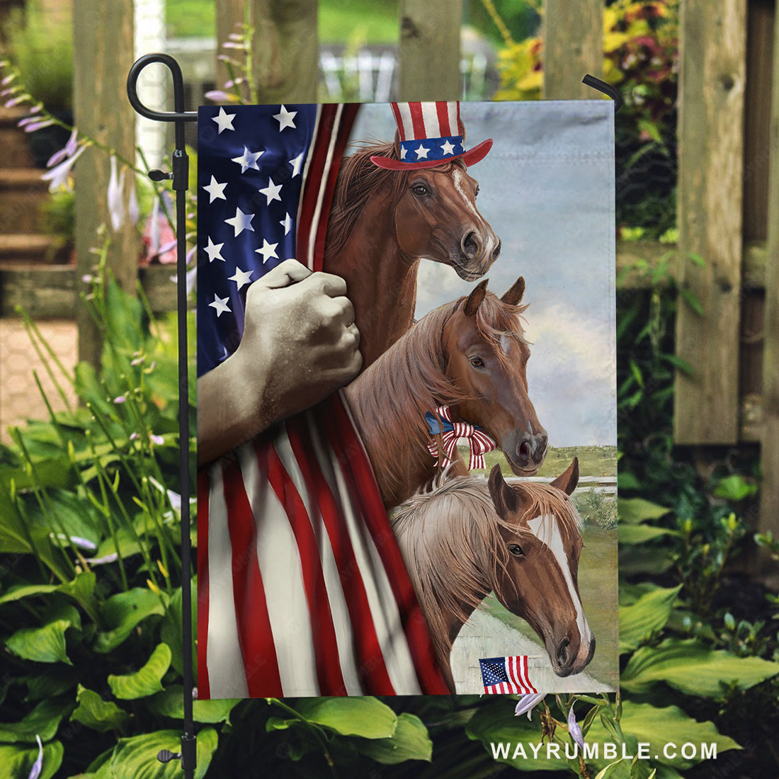 Brown horses, Colorful hat, Green meadow, US flag drawing - Jesus Flag