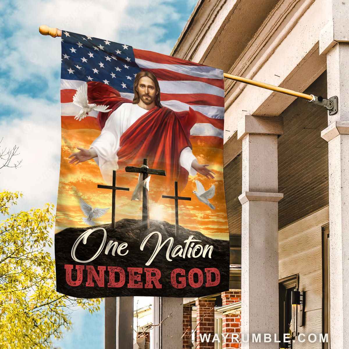 Orange sunset, Pretty dove, Stunning US flag, One nation under God - Jesus Flag