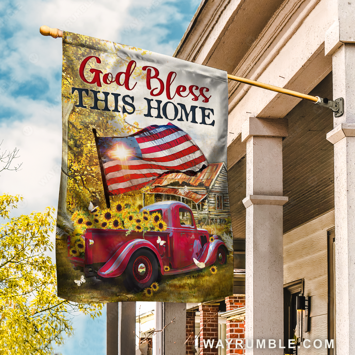 Red ladybug car, US flag, Sunflower painting, Cross, God bless this home - Jesus Flag