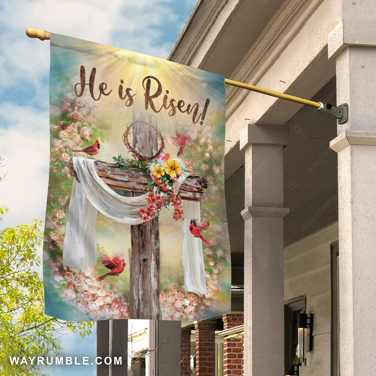 Wooden cross, Red cardinal, Rose garden, Crown of thorn, He is risen - Jesus Flag