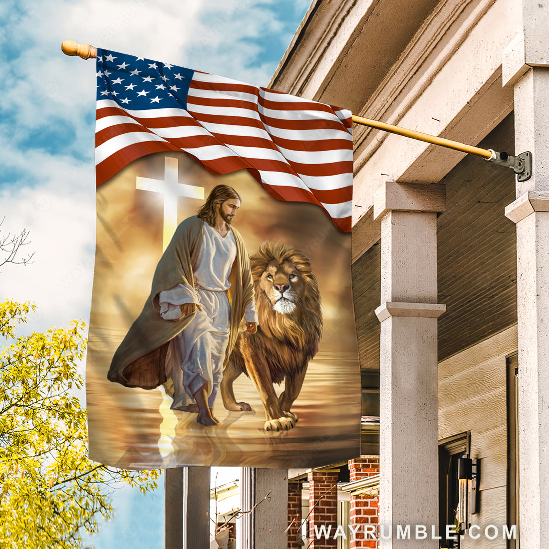 Watercolor lion, Infinite halo, US flag, White cross, Walking on water - Jesus Flag