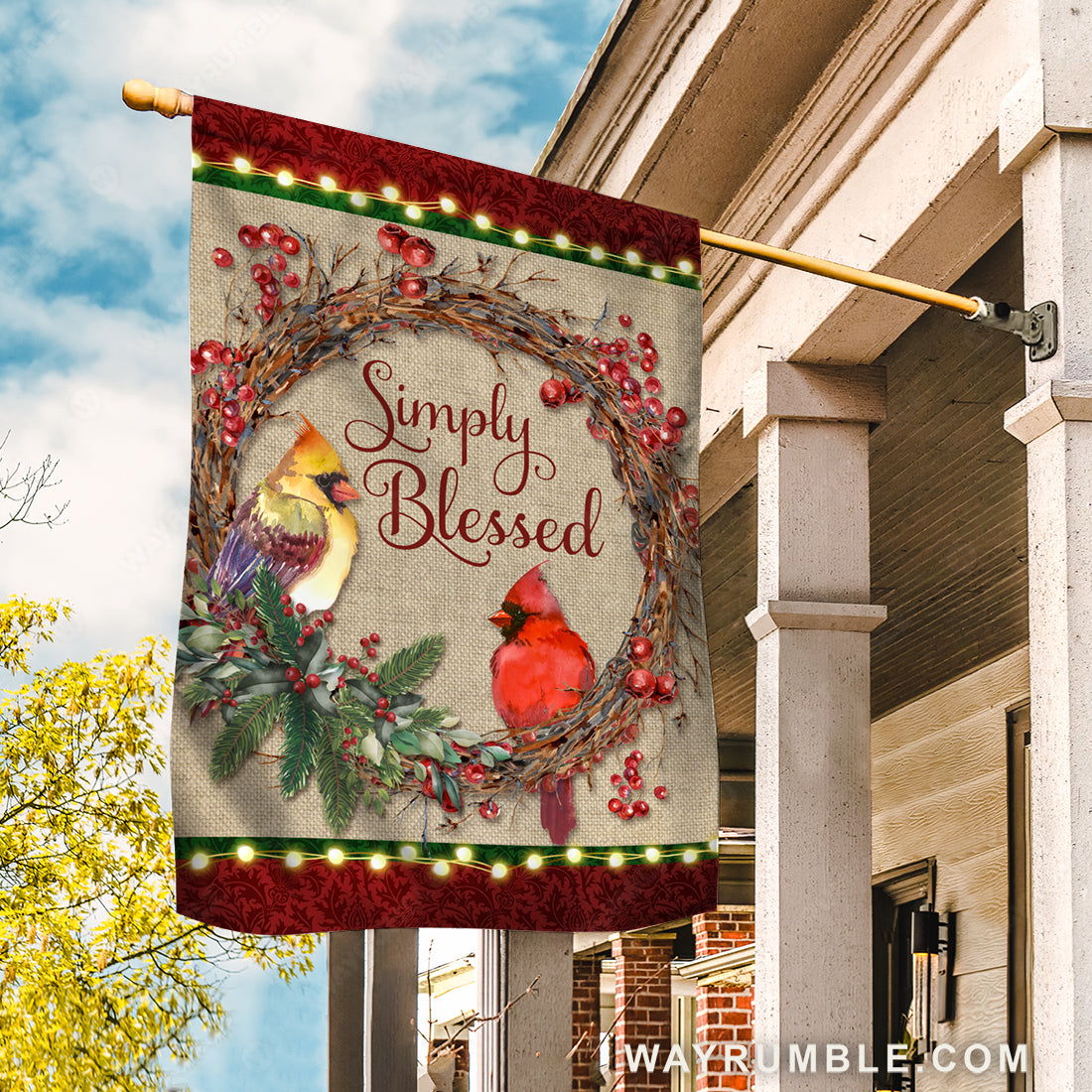 Beautiful cranberry wreath, Pretty cardinal, Simply blessed - Jesus Flag
