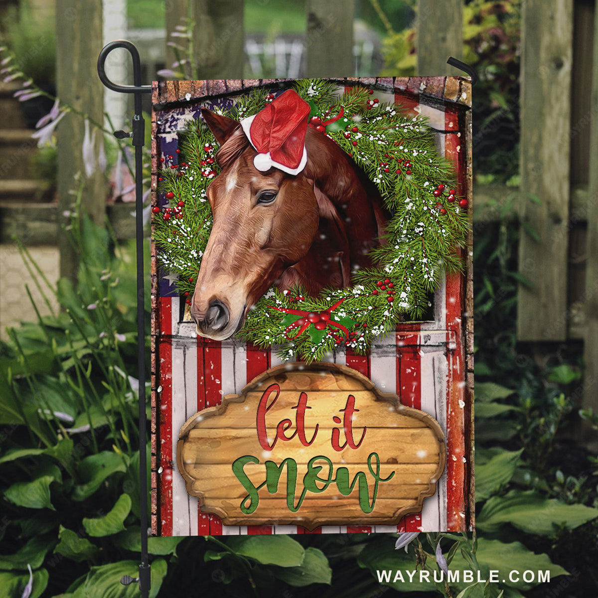 Brown horse, Christmas wreath, US flag, Christmas flag, Let it snow - Jesus Flag