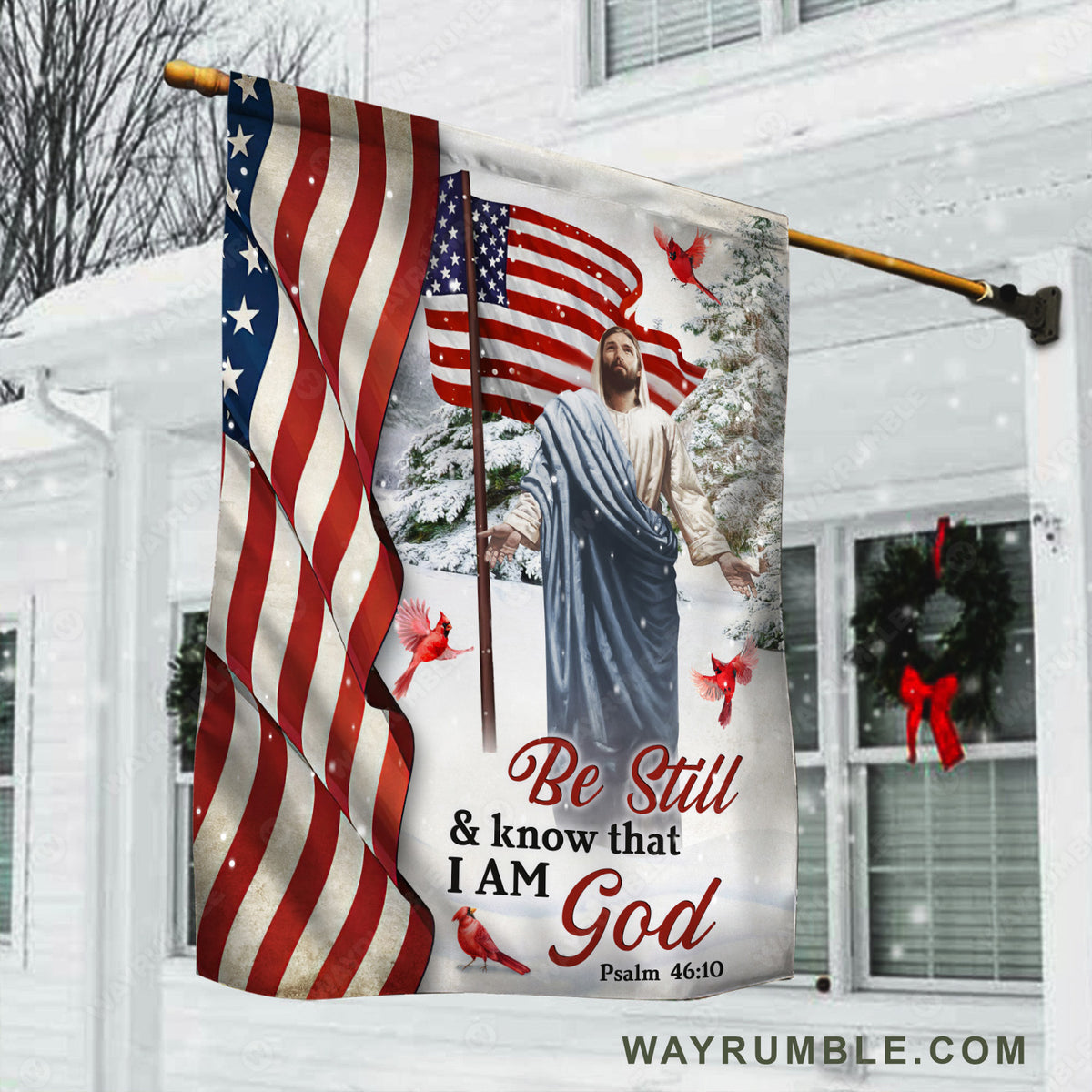 Amazing winter flag, Beautiful Jesus painting, US flag, Be still and know that I am God - Jesus Flag