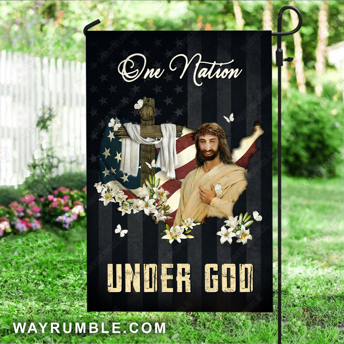 Lily flower garden, The face of Jesus, Wooden cross, One nation under God - Jesus Flag