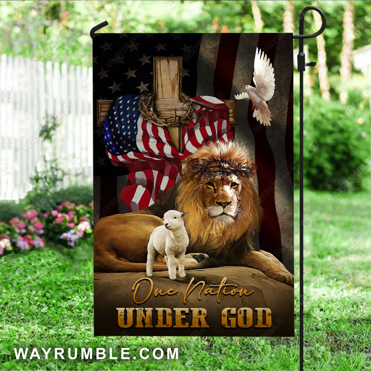 Watercolor lion, Little lamb, White dove, Unique US flag, One nation under God - Jesus Flag