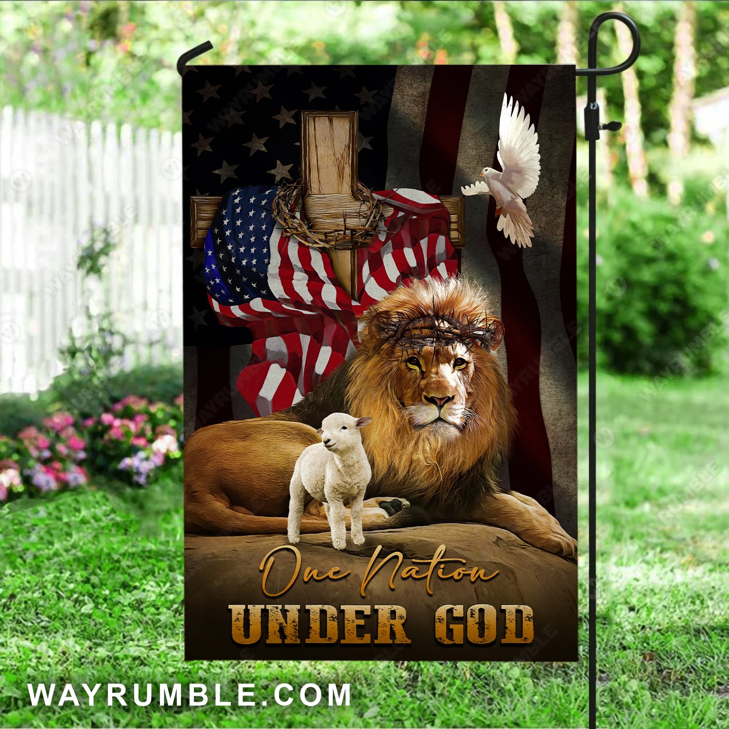 Watercolor lion, Little lamb, White dove, Unique US flag, One nation under God - Jesus Flag