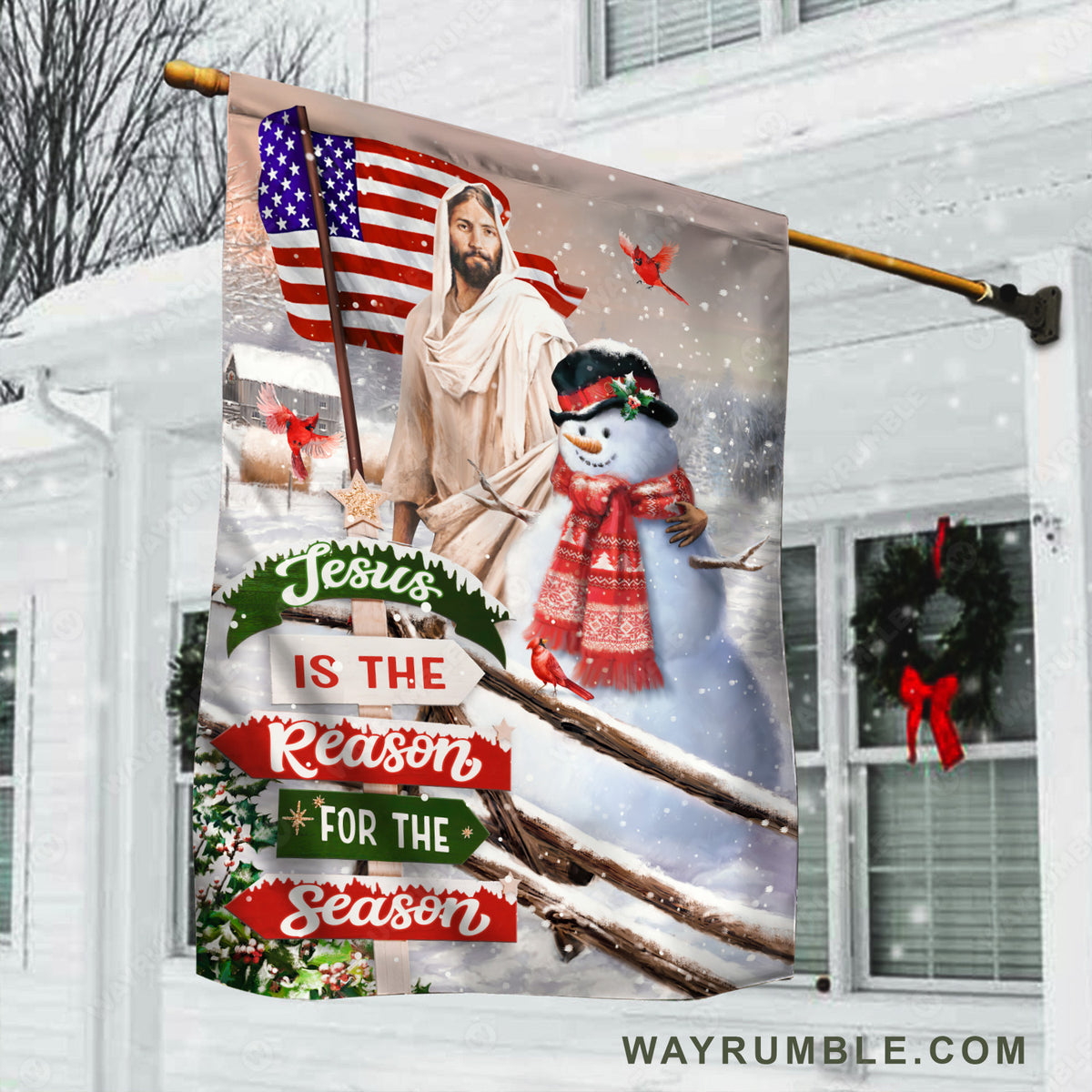 Beautiful snowman, Jesus painting, Stunning US flag, Jesus is the reason for the season - Jesus Flag