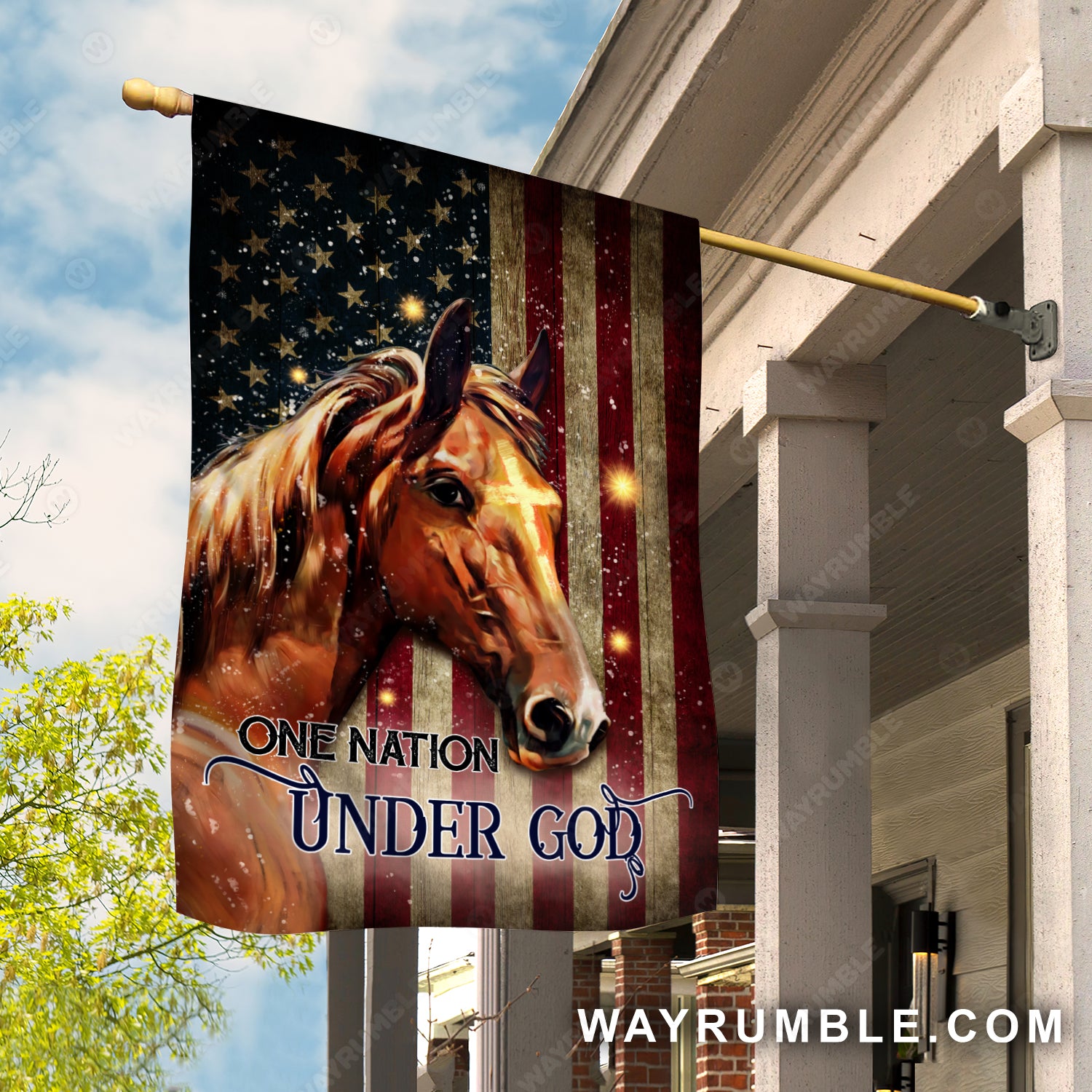 Brown horse, Galaxy painting, US flag, One nation under God - Jesus Flag