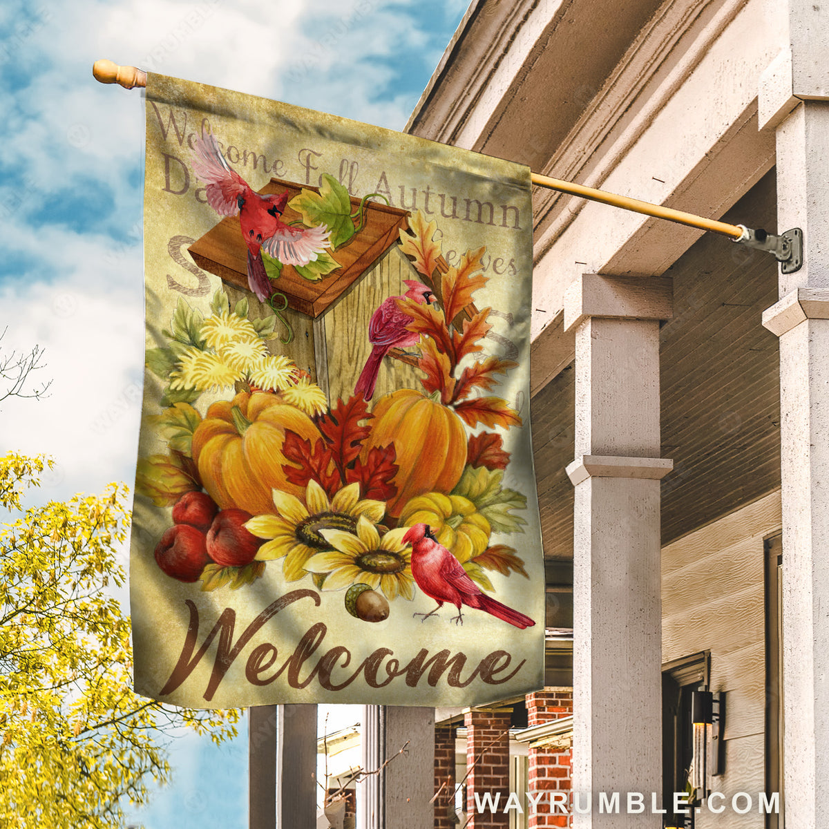 Colorful flag, Red cardinal, Wooden birdhouse, Pumpkin drawing, Welcome - Jesus Flag