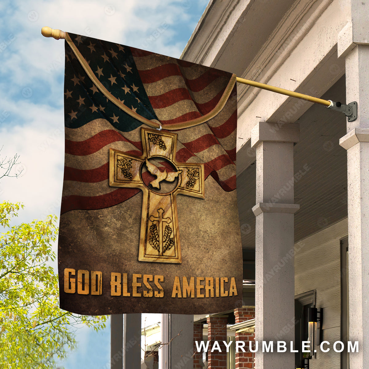 Beautiful wooden cross, Bird drawing, Vintage US flag, God bless America - Jesus Flag